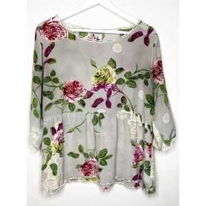 Johnny Was 100% Silk Floral Blouse Women's Top Gray Floral Small